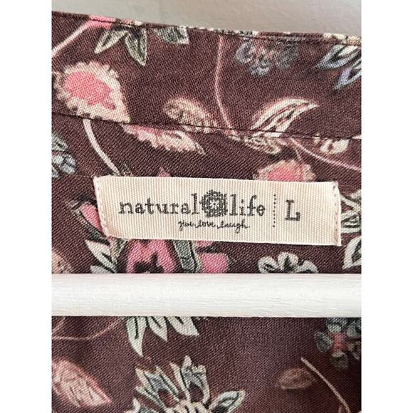 Natural Life Floral Long Sleeve V-Neck Boho Mini Tunic Dress  Brown Womens Large - Picture 5 of 9